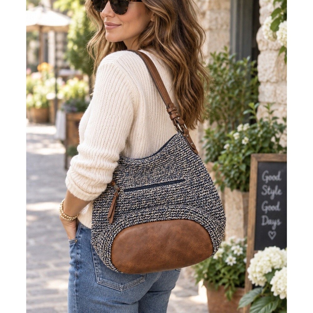The Sak Sequoia Crochet Hobo Bag Boho Silver Hardware Blue Brown Shoulder Bag